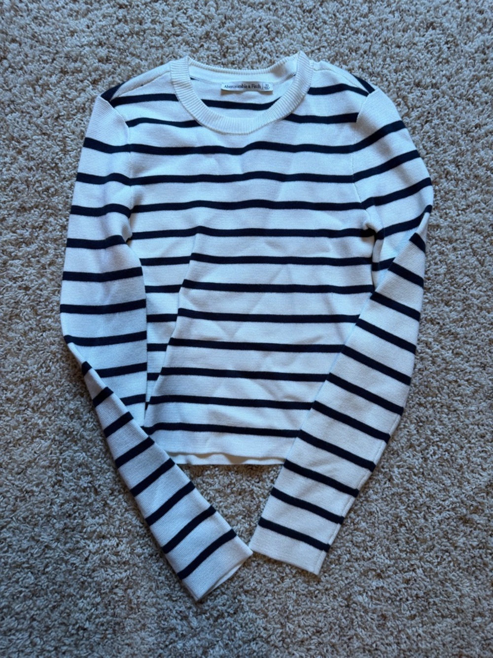 Abercrombie & Fitch Cream and Navy Striped Crewneck Sweater